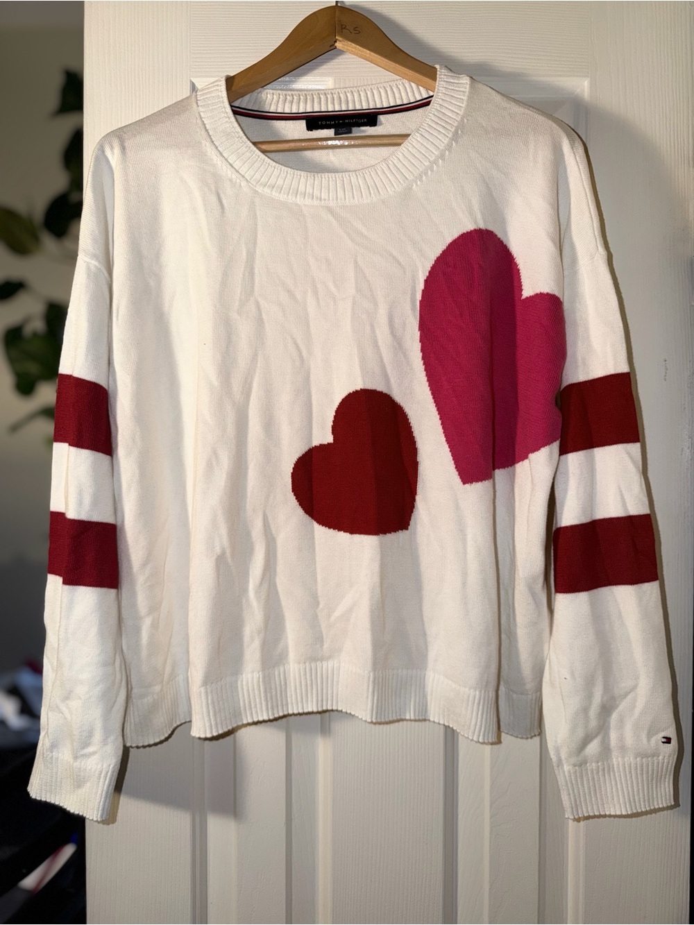 Tommy Hilfiger Heart Sweater Women Large White Red Pink Cropped Valentine Preppy